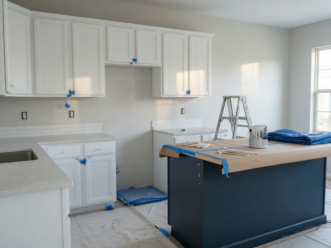 Kitchen cabinets mid-paint with drop cloths and a navy island