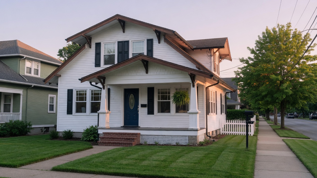 Freshly painted white craftsman house with a navy door