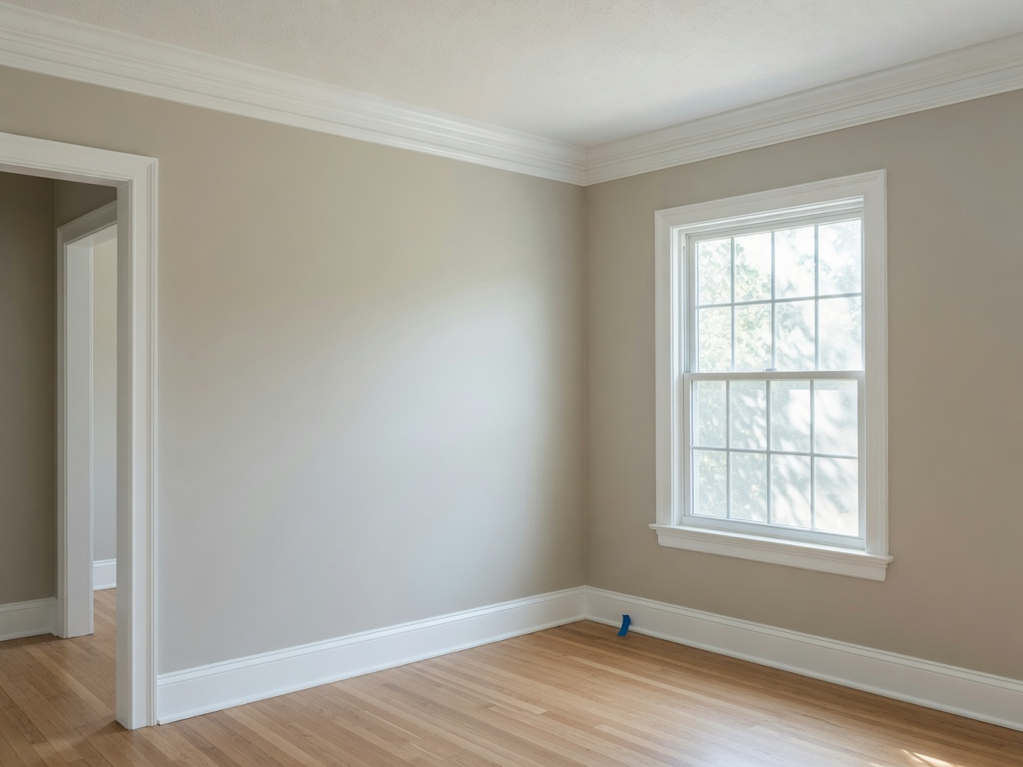 Interior room with greige walls and crisp white trim