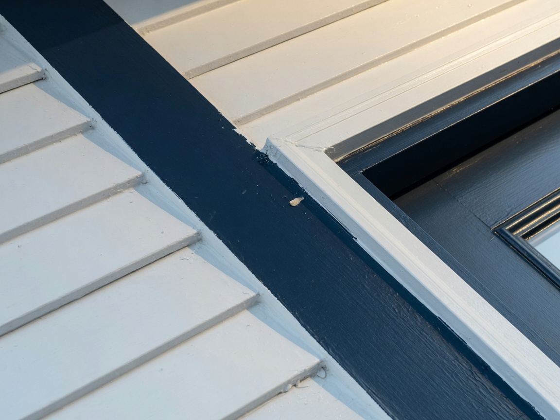 Clean paint line where white siding meets navy trim